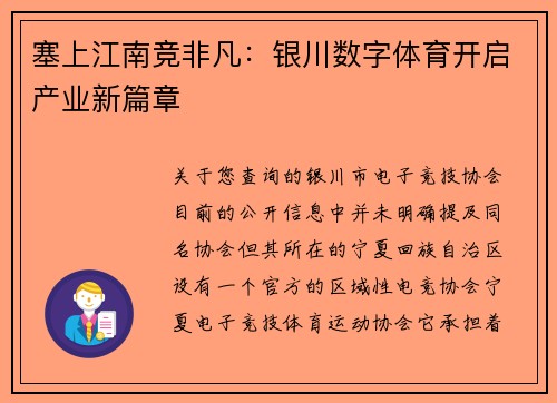 塞上江南竞非凡：银川数字体育开启产业新篇章